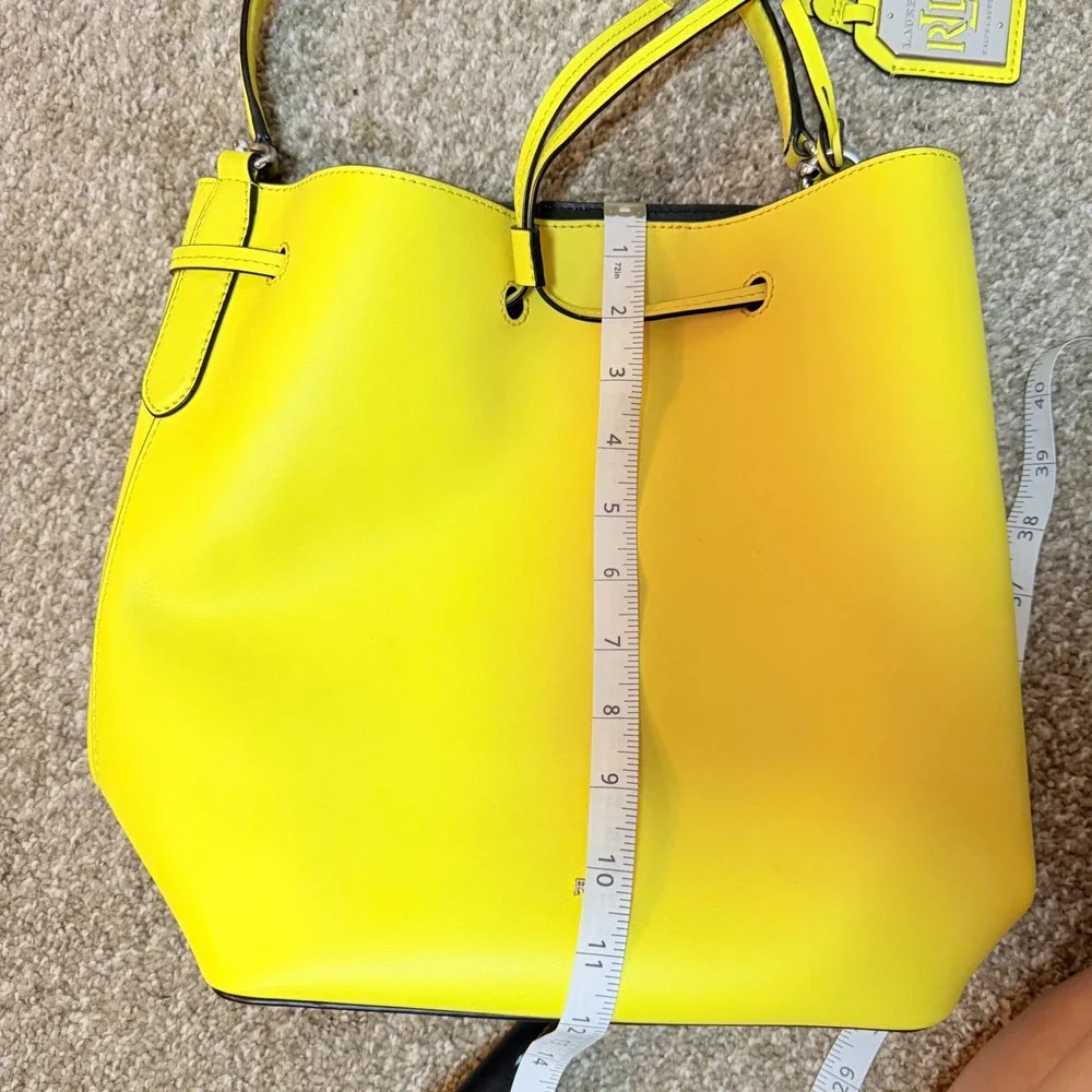 NEW Lauren Ralph Lauren Debby 100% Leather Drawstring Bucket Bag Purse Dandelion